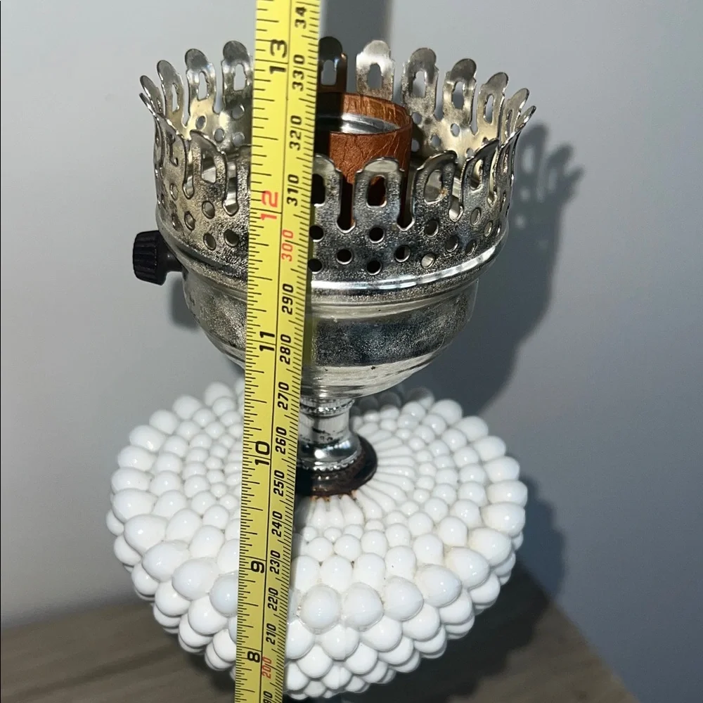 White MILK GLASS hobnail with a hurricane chimney. Tested and works.